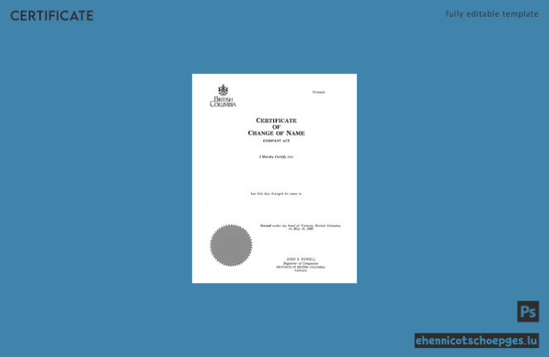 Beispiel für eine Namensänderungsurkunde des Handelsregisters von British Columbia, Kanada